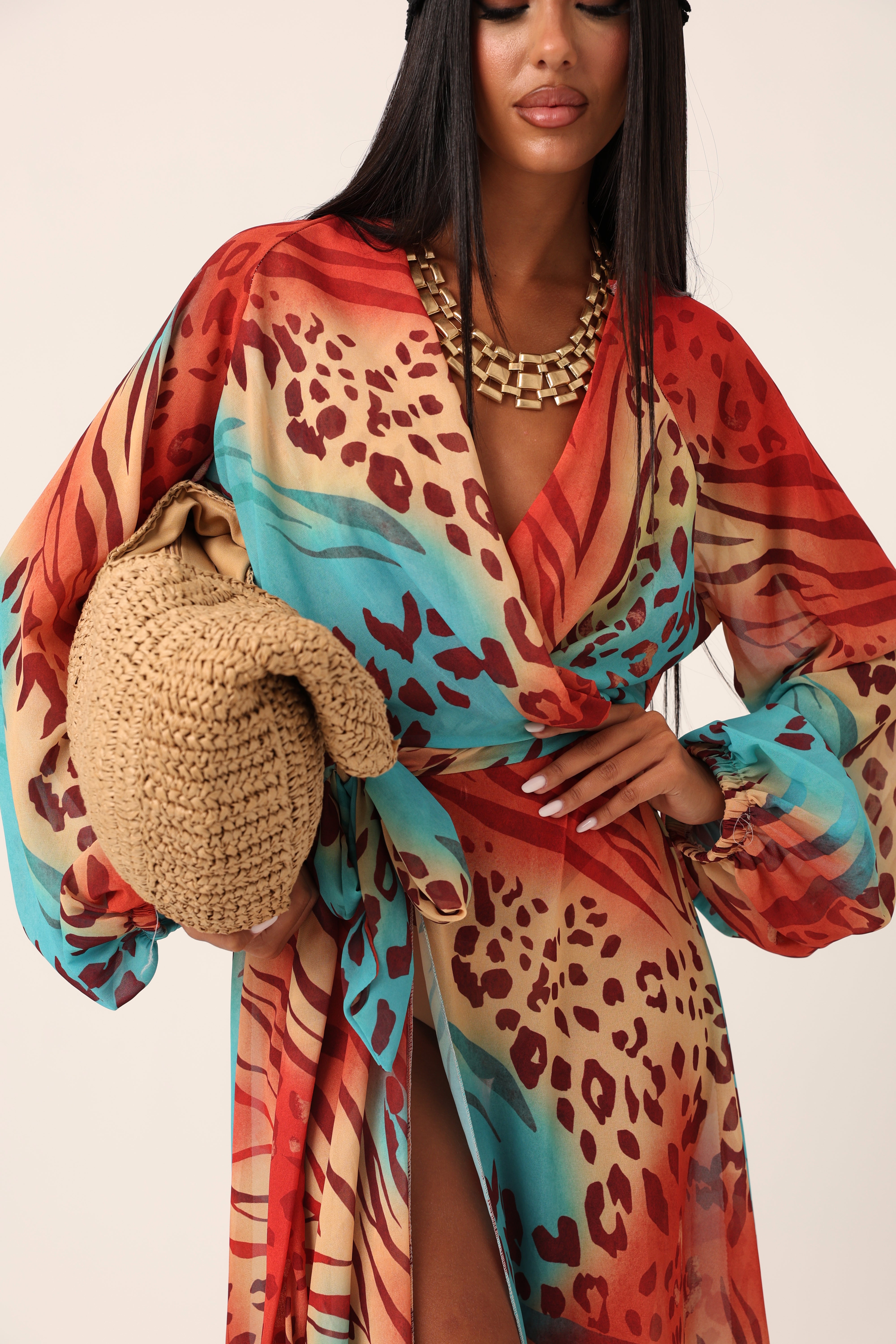 VESTITO ANIMALIER AMIRAH ROSSO/ACQUA