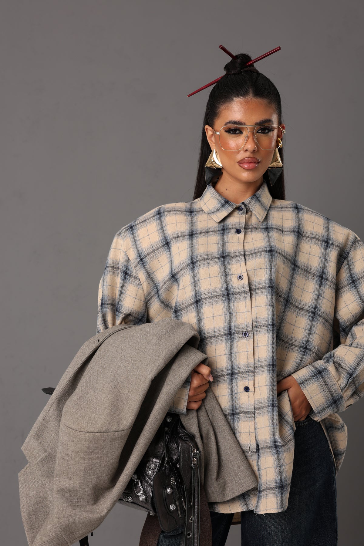 CAMICIA QUADRI CAROLE BEIGE/AZZURRA
