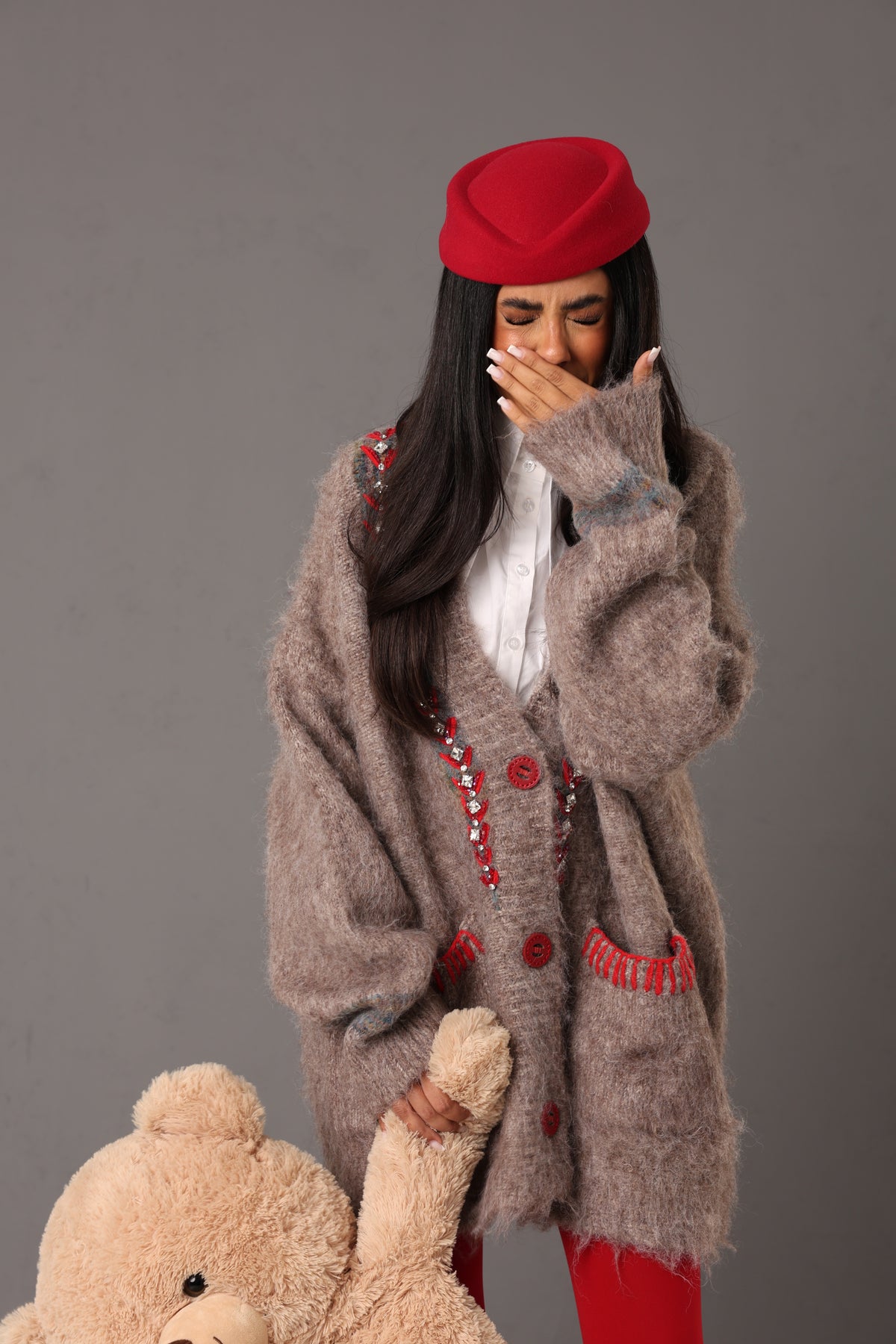 CARDIGAN STRASS ARIELLE BEIGE MELANGE/ROSSO