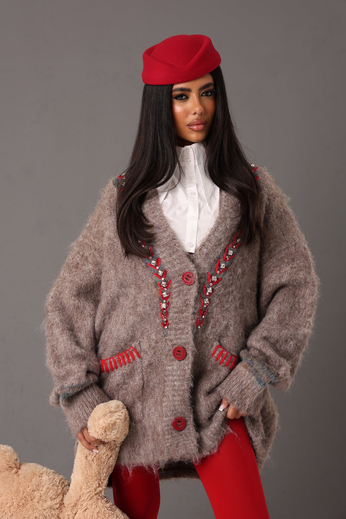 CARDIGAN STRASS ARIELLE BEIGE MELANGE/ROSSO
