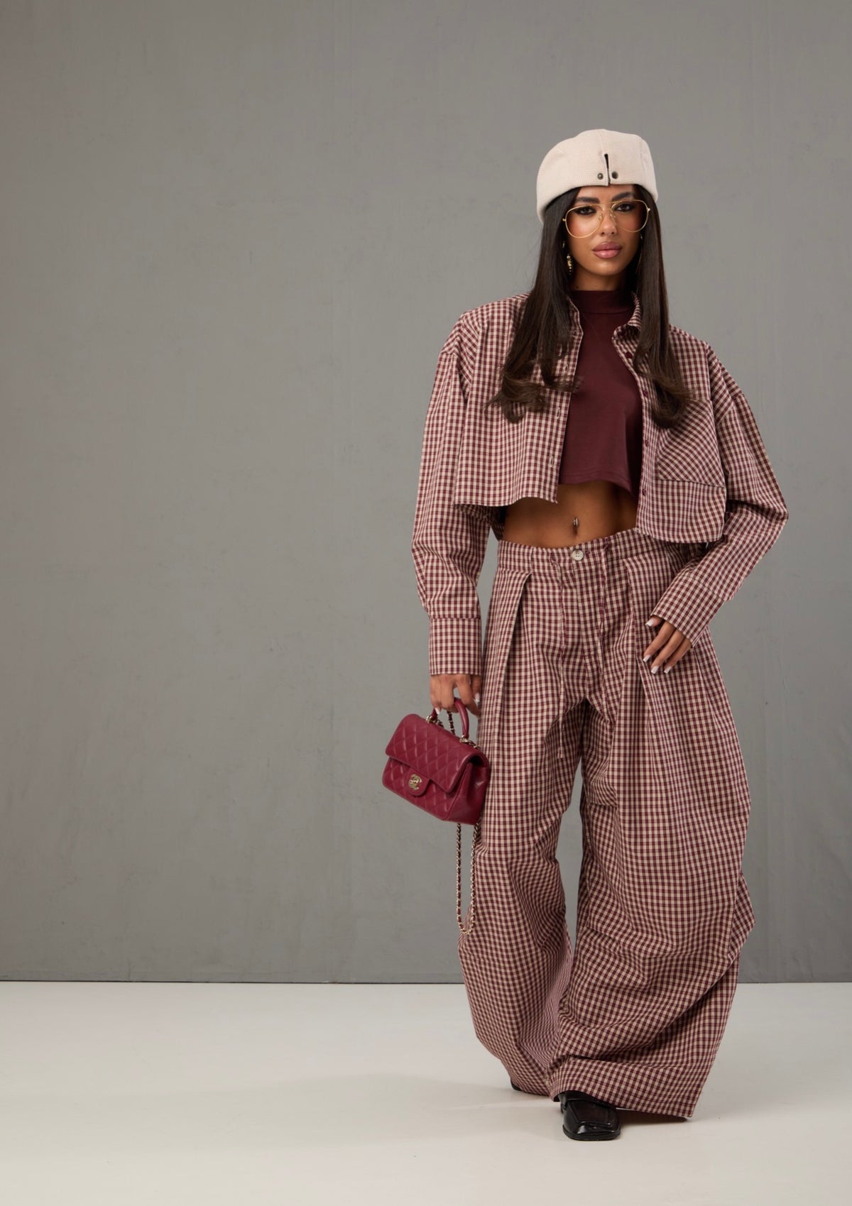 CAMICIA CROP QUADRETTI ISOTTA BORDEAUX