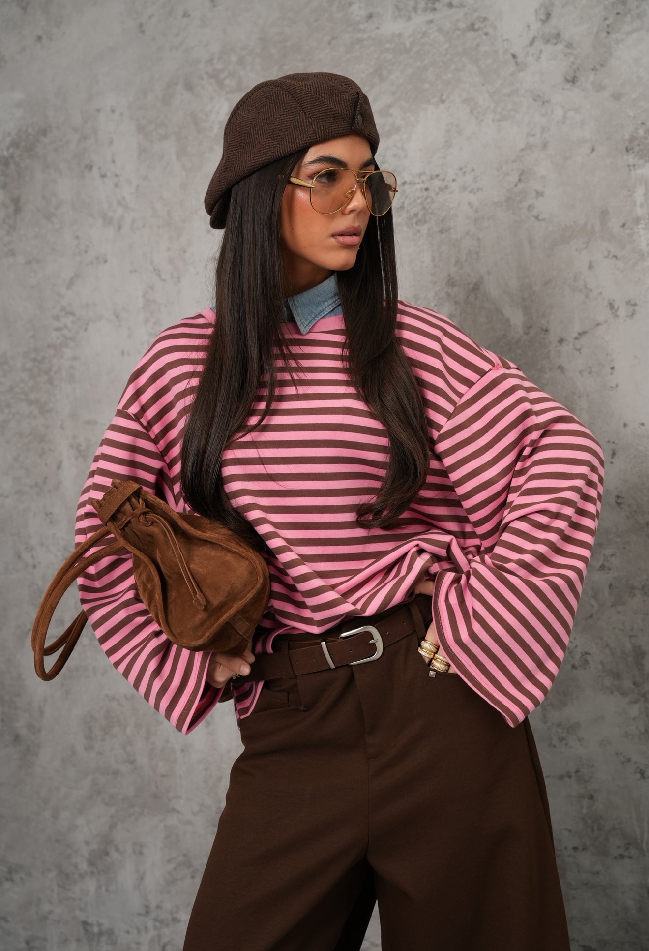 MAGLIA RIGHE ELUNA ROSA/MARRONE