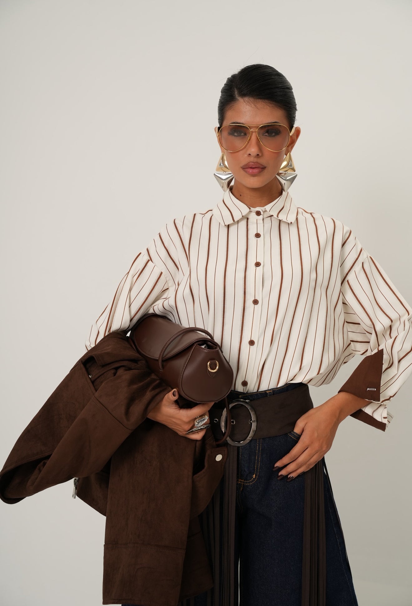 Camicia righe Yosan marrone/panna
