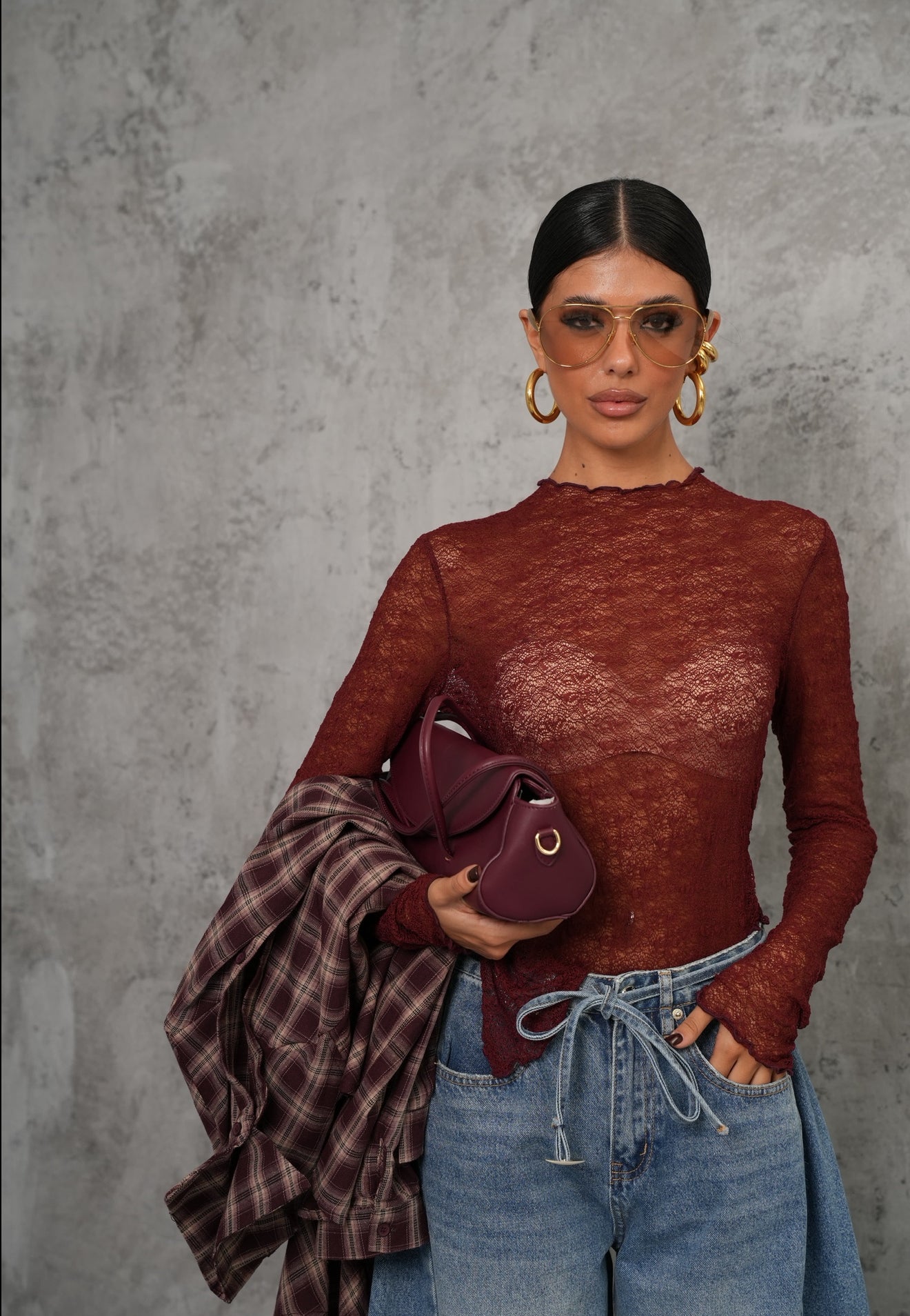 Maglia pizzo Layer bordeaux