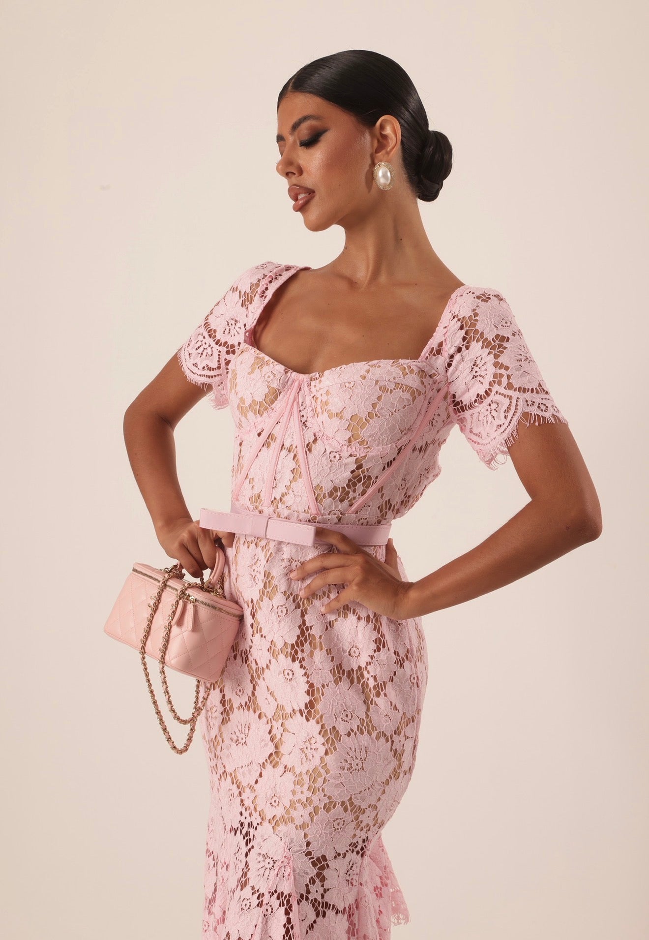 VESTITO PIZZO ORIENTE ROSA + CINTURA