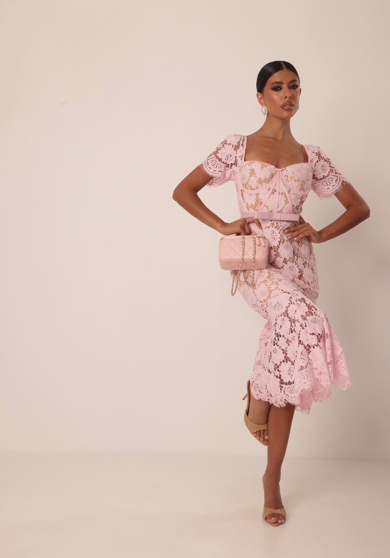 VESTITO PIZZO ORIENTE ROSA + CINTURA