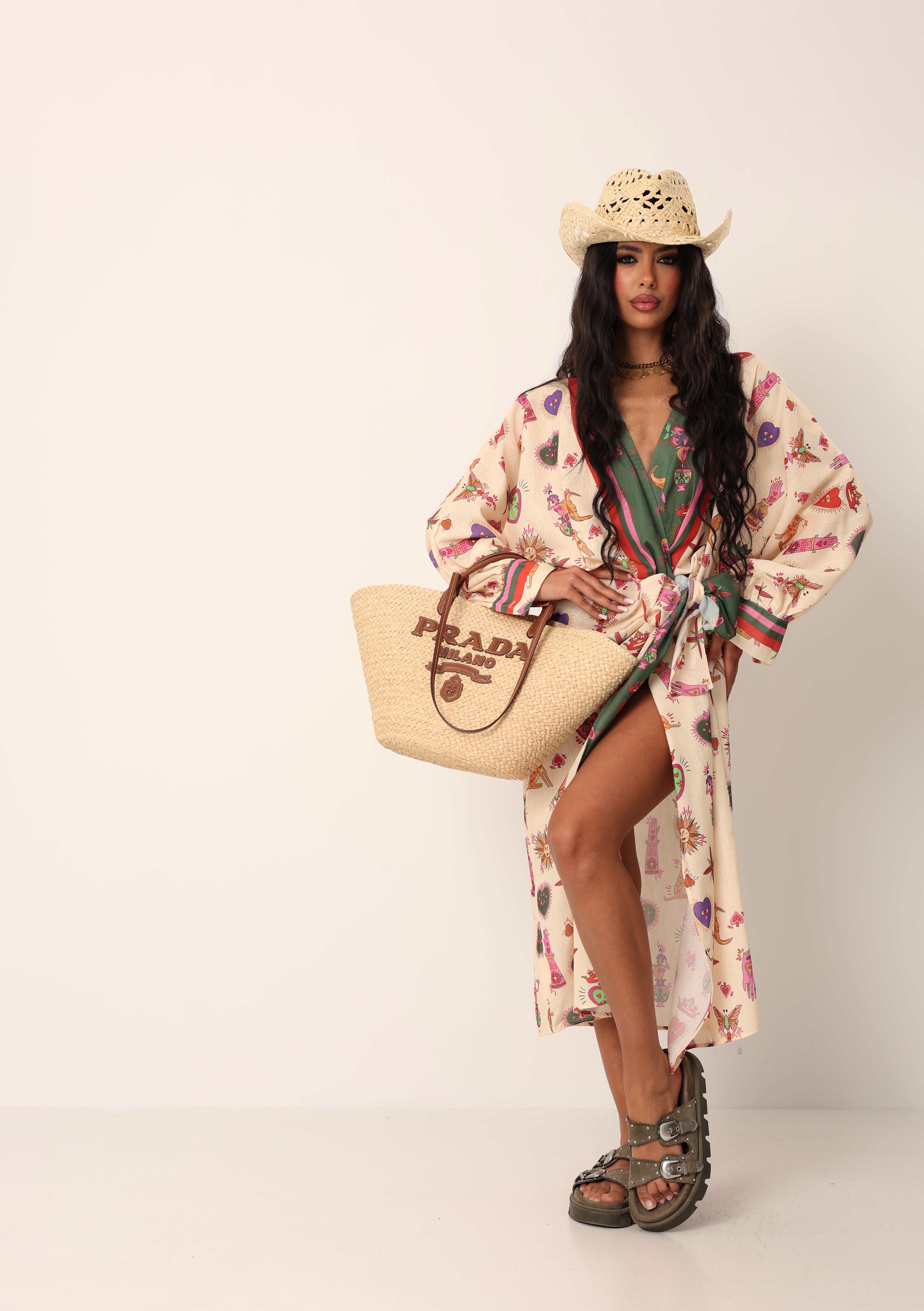 VESTITO PORTAFOGLIO LUNGO TAROCCHI PANNA