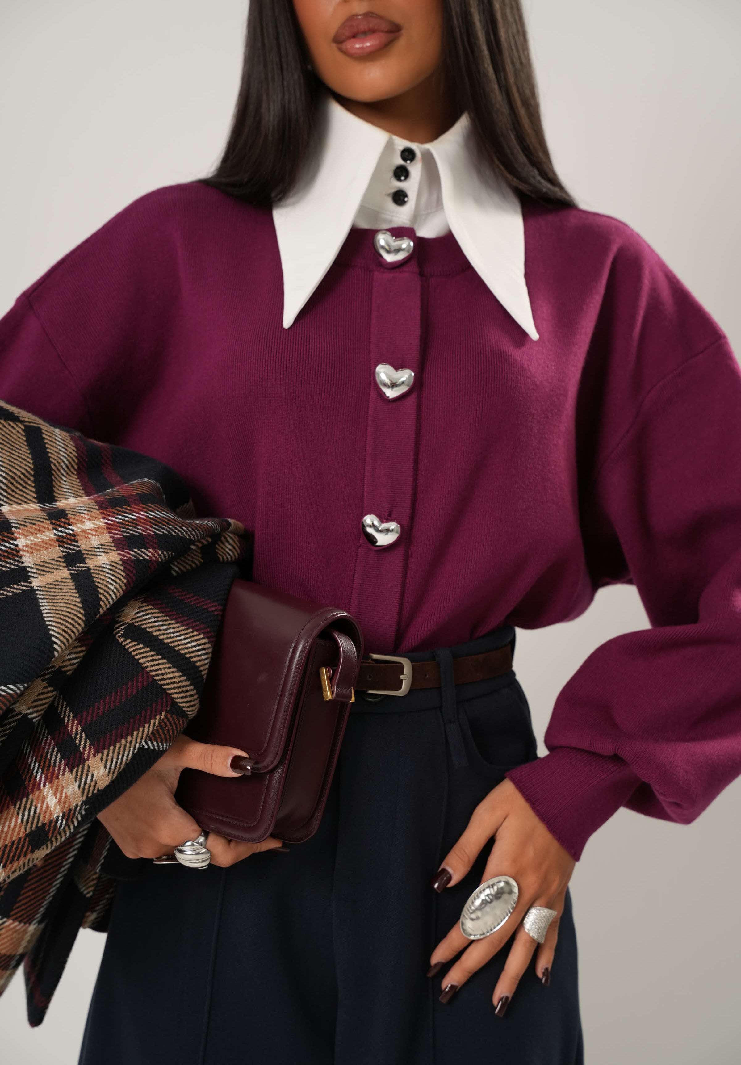 CARDIGAN SILVER HEARTS BORDEAUX