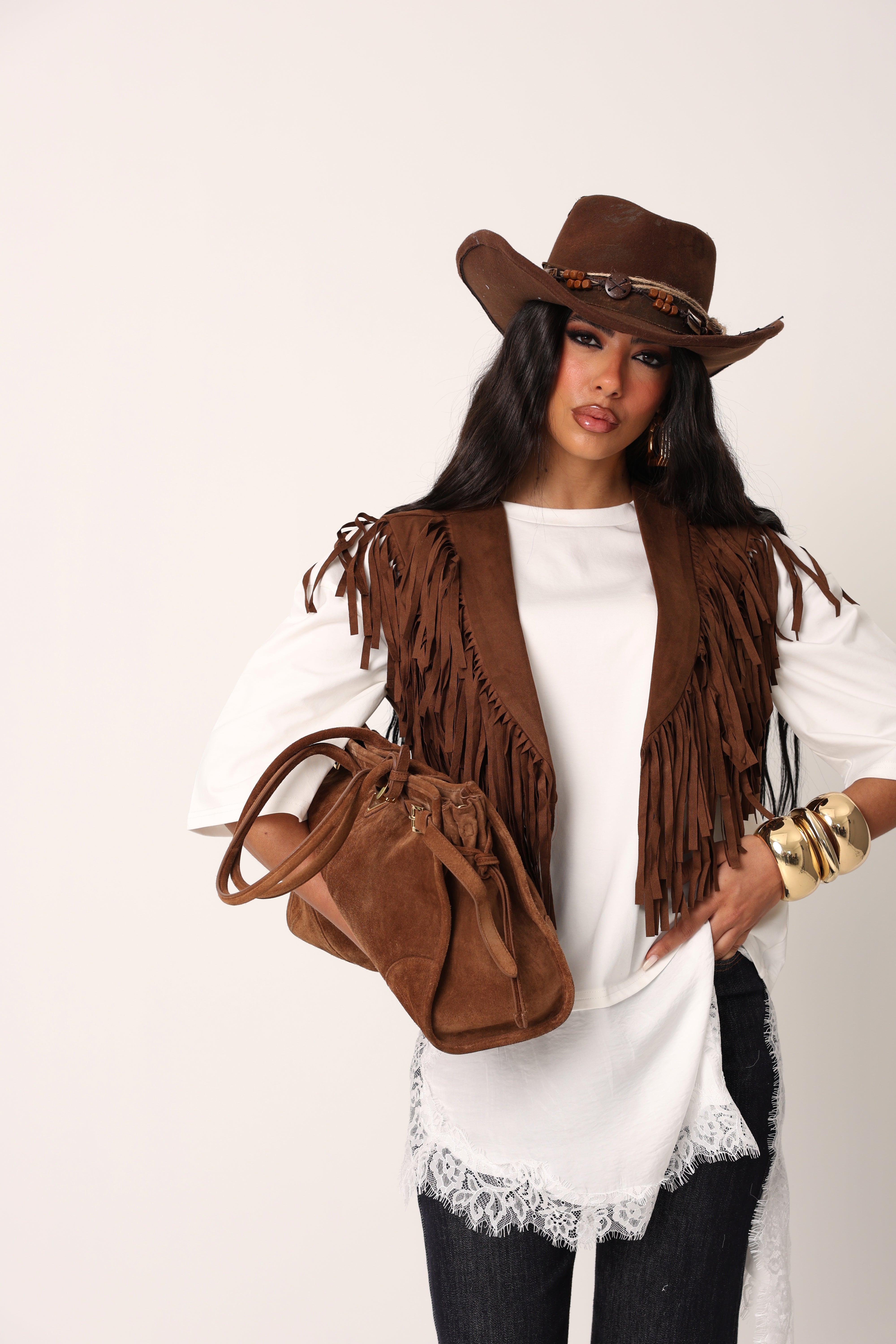 GILET FRANGE COWGIRL MARRONE