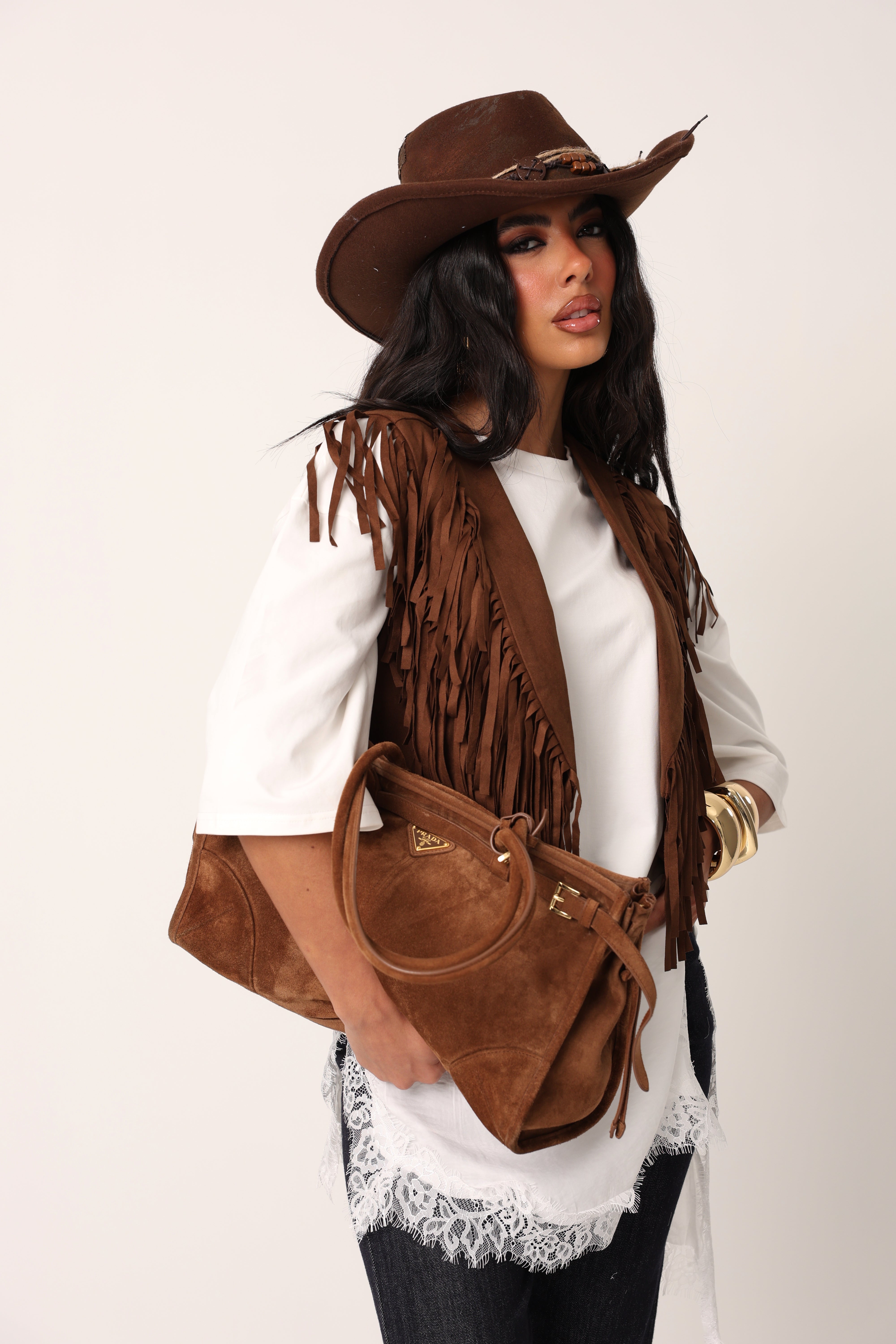 GILET FRANGE COWGIRL MARRONE