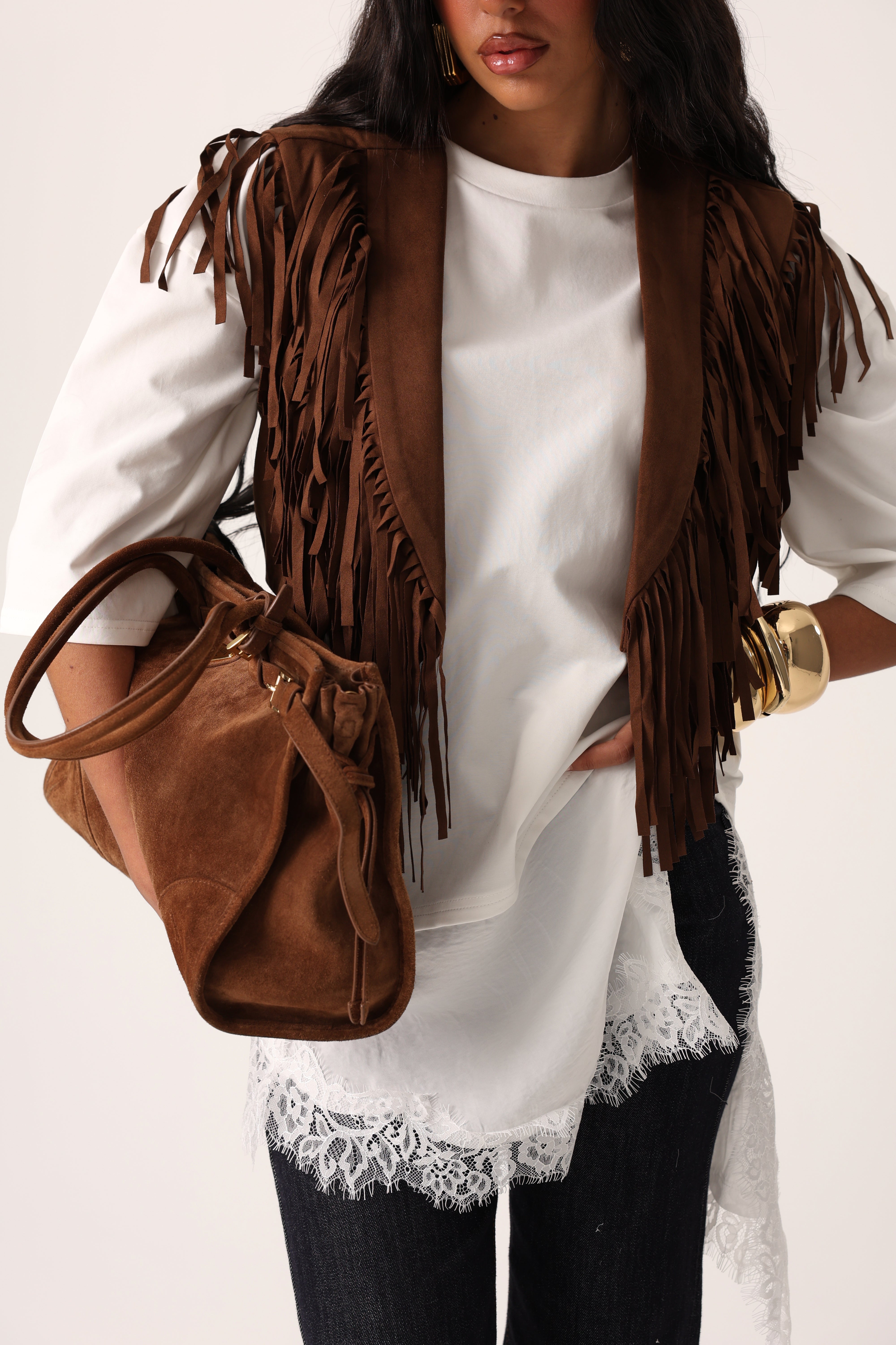 GILET FRANGE COWGIRL MARRONE