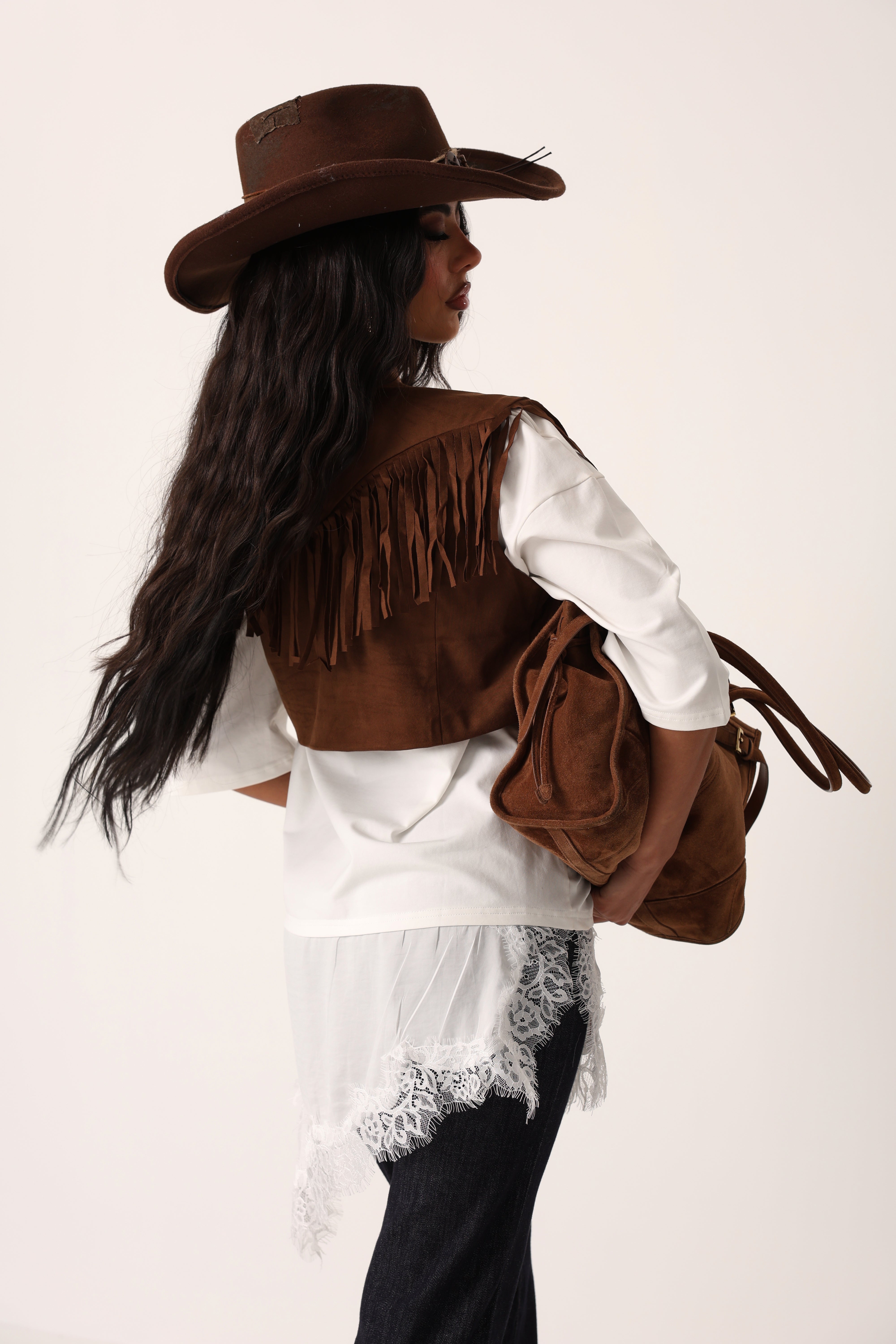 GILET FRANGE COWGIRL MARRONE