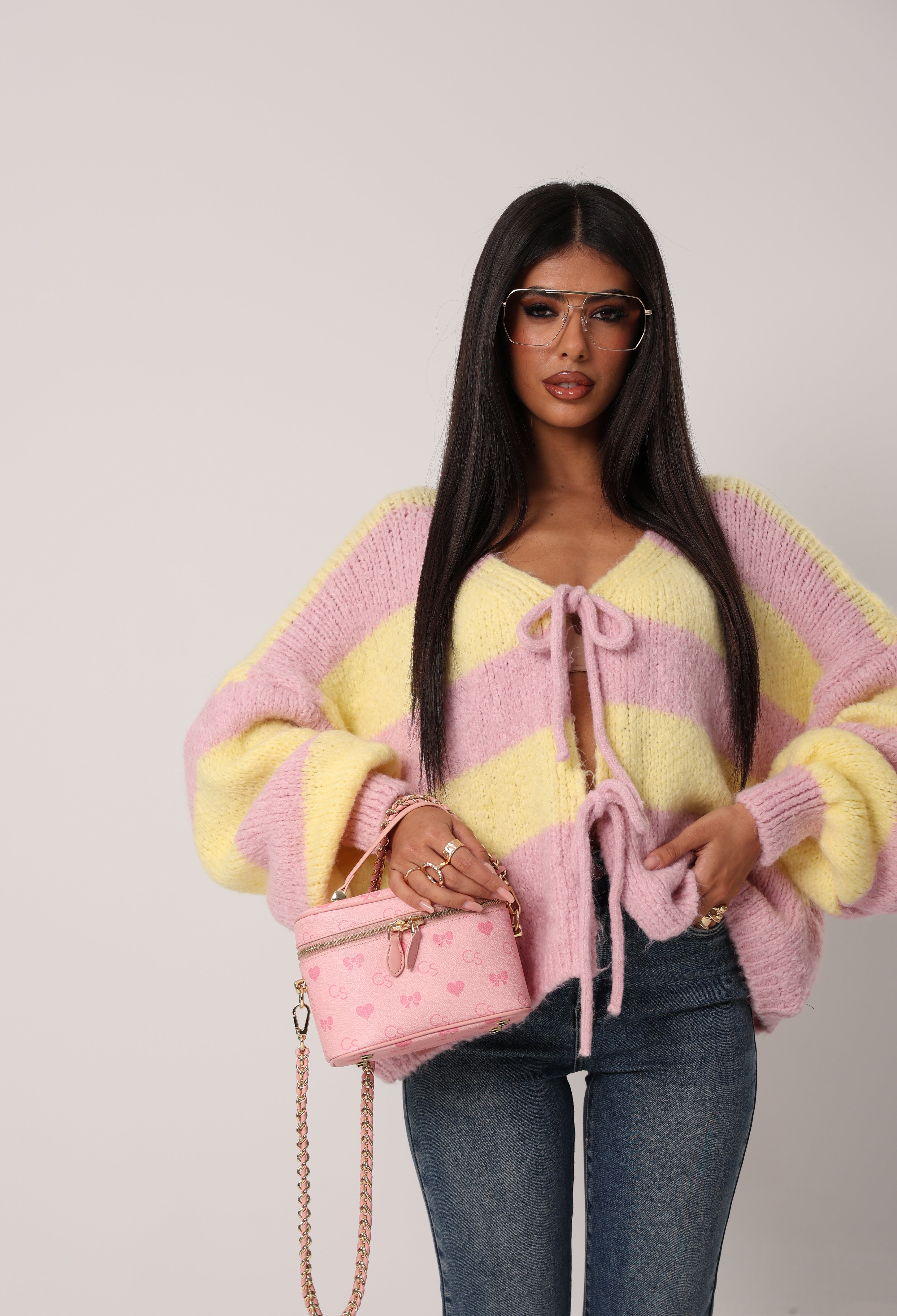 CARDIGAN RIGHE ANNETTE ROSA/GIALLO