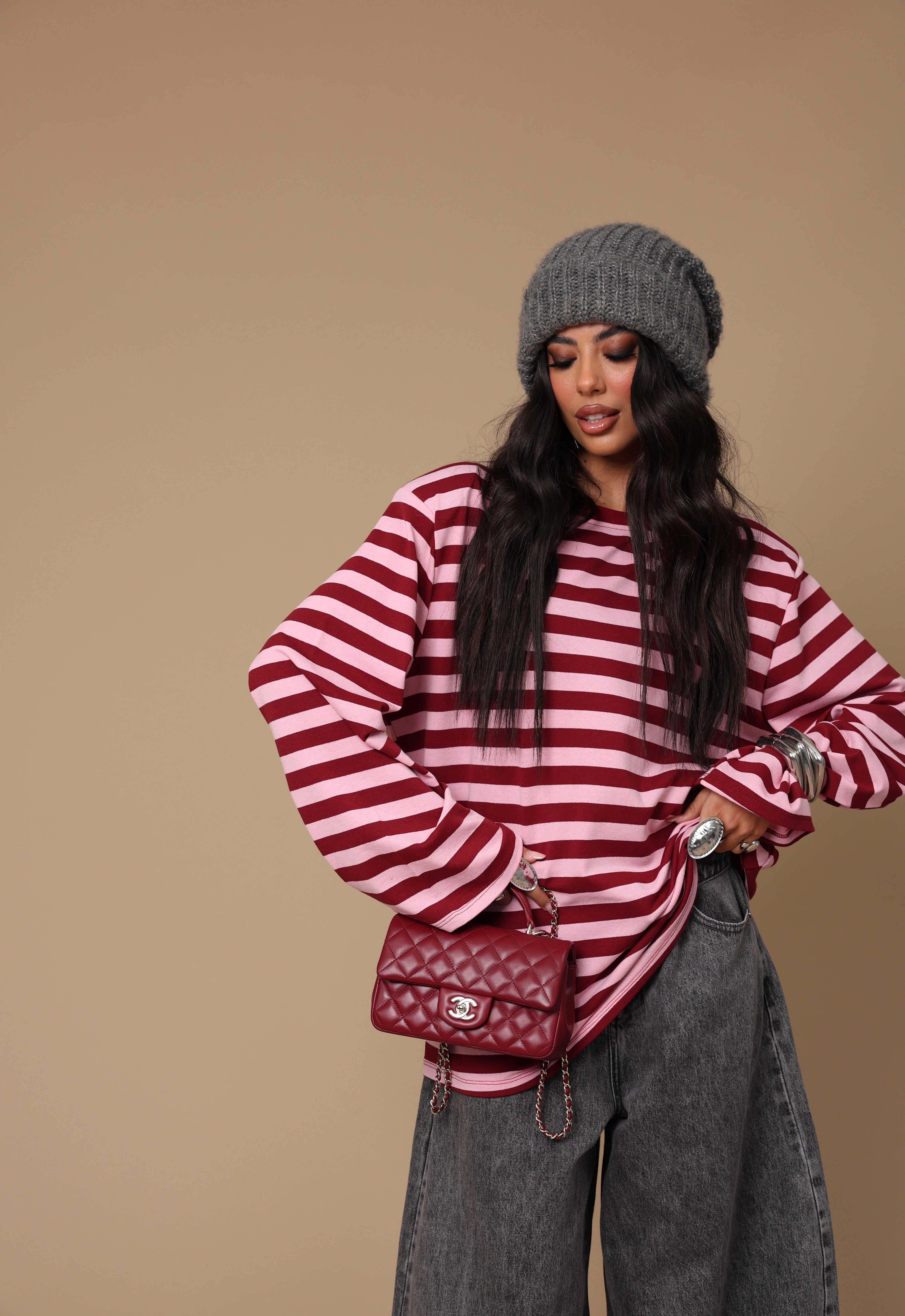 MAGLIA RIGHE YARA BORDEAUX/ROSA