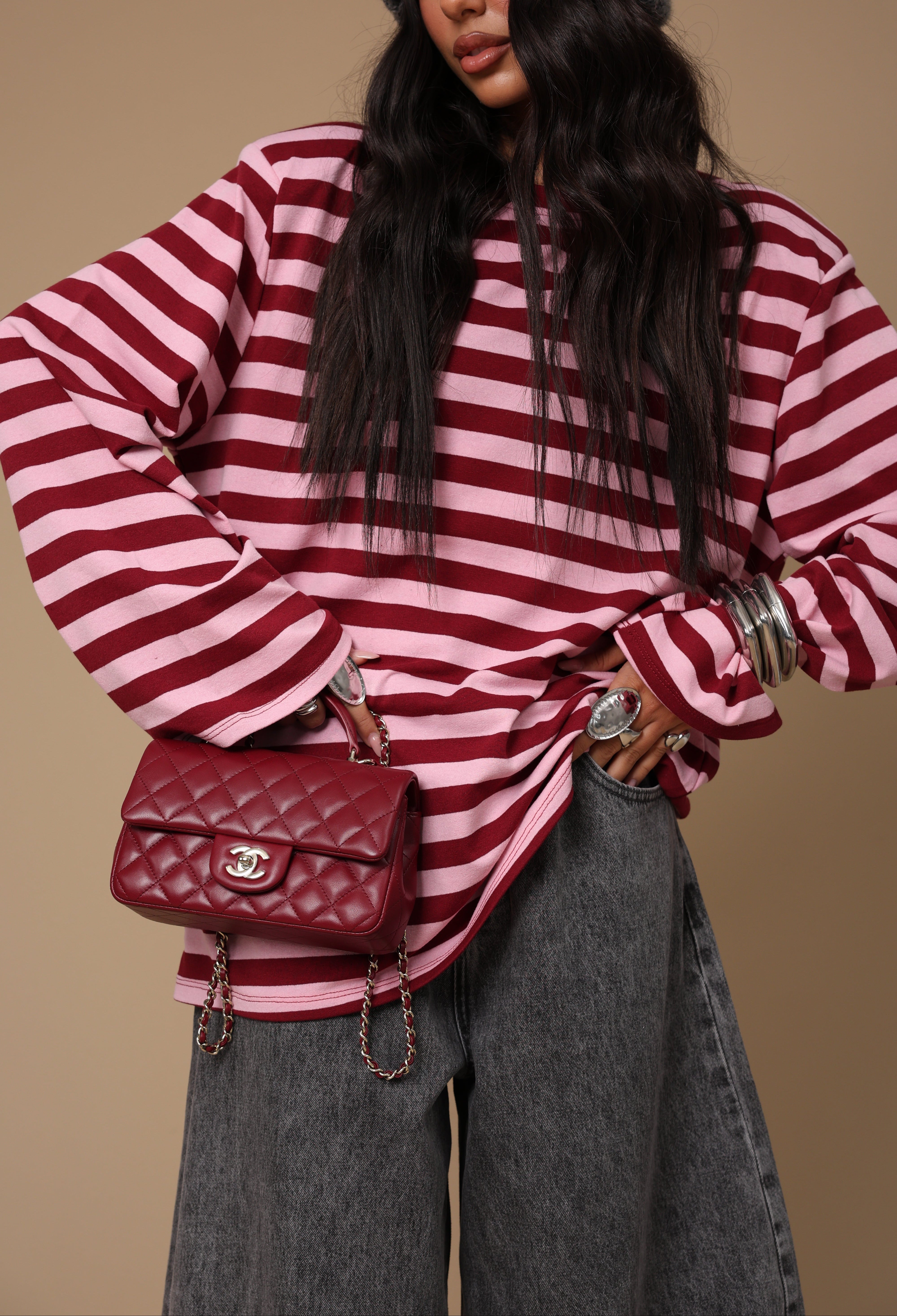 MAGLIA RIGHE YARA BORDEAUX/ROSA