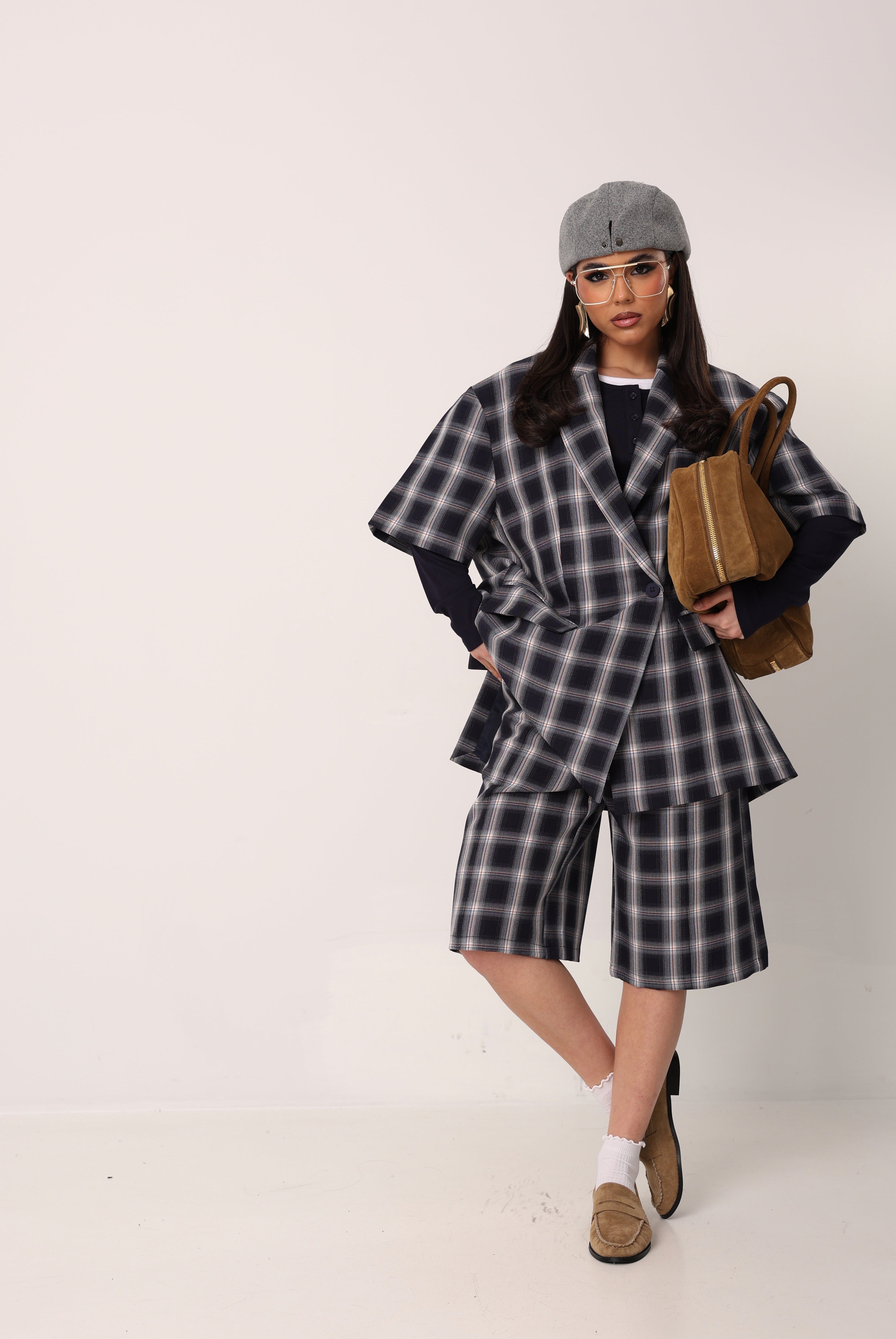 COORDINATO QUADRI BLAZER E BERMUDA DORIANA BLU