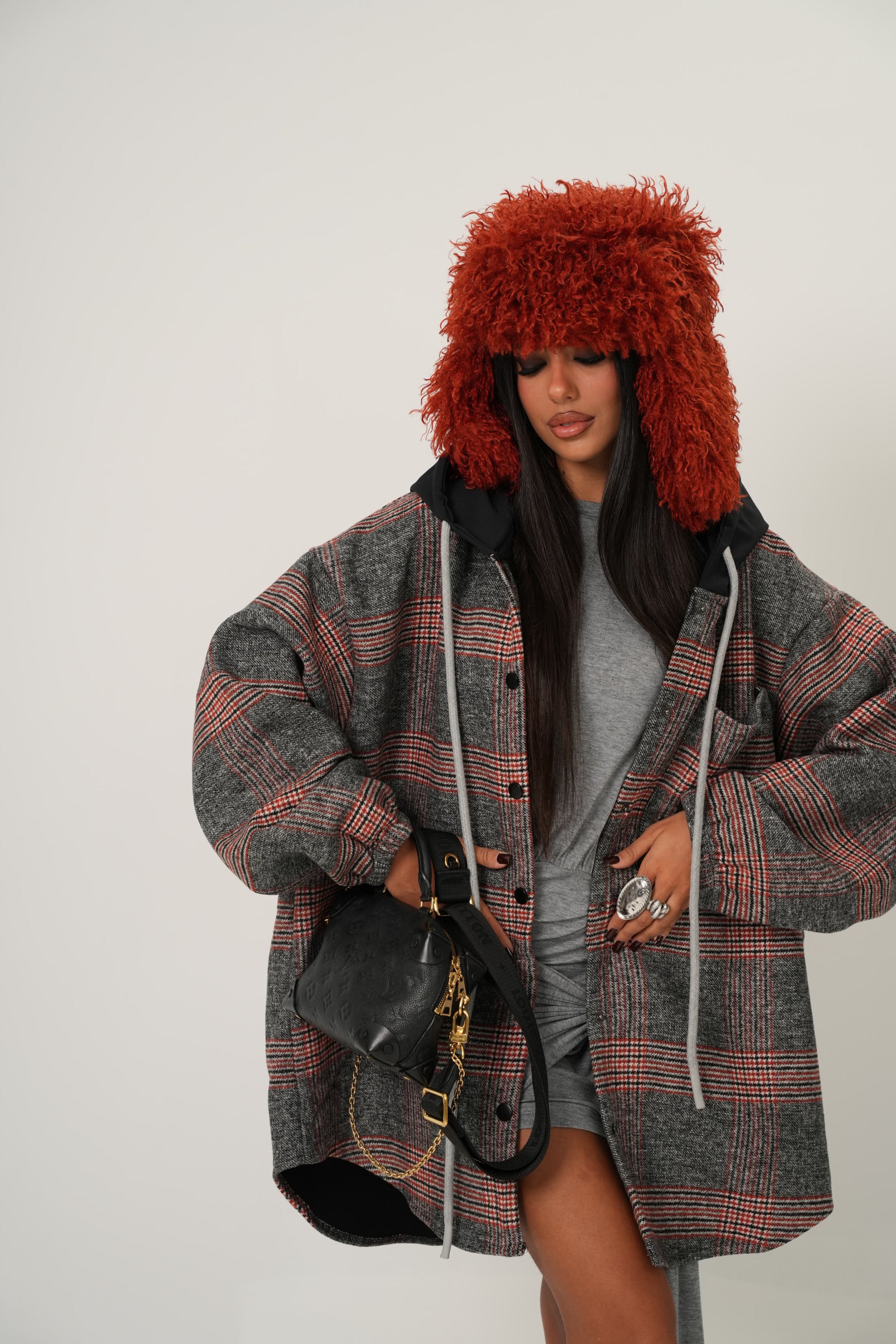 Cappottino tartan Karina grigio/arancio