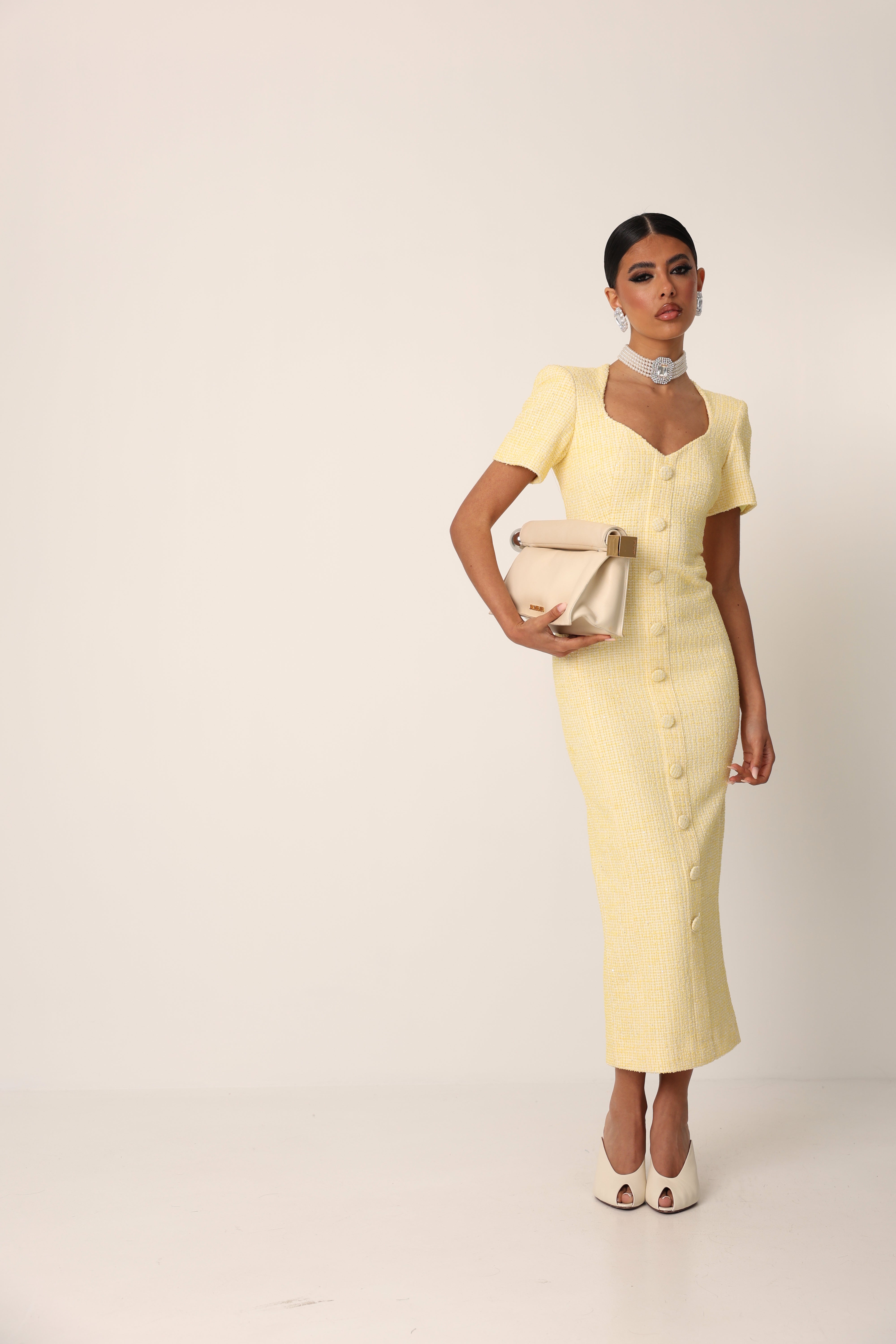 VESTITO TWEED BETHANY GIALLO PAGLIERINO BY MARZIA MANGO