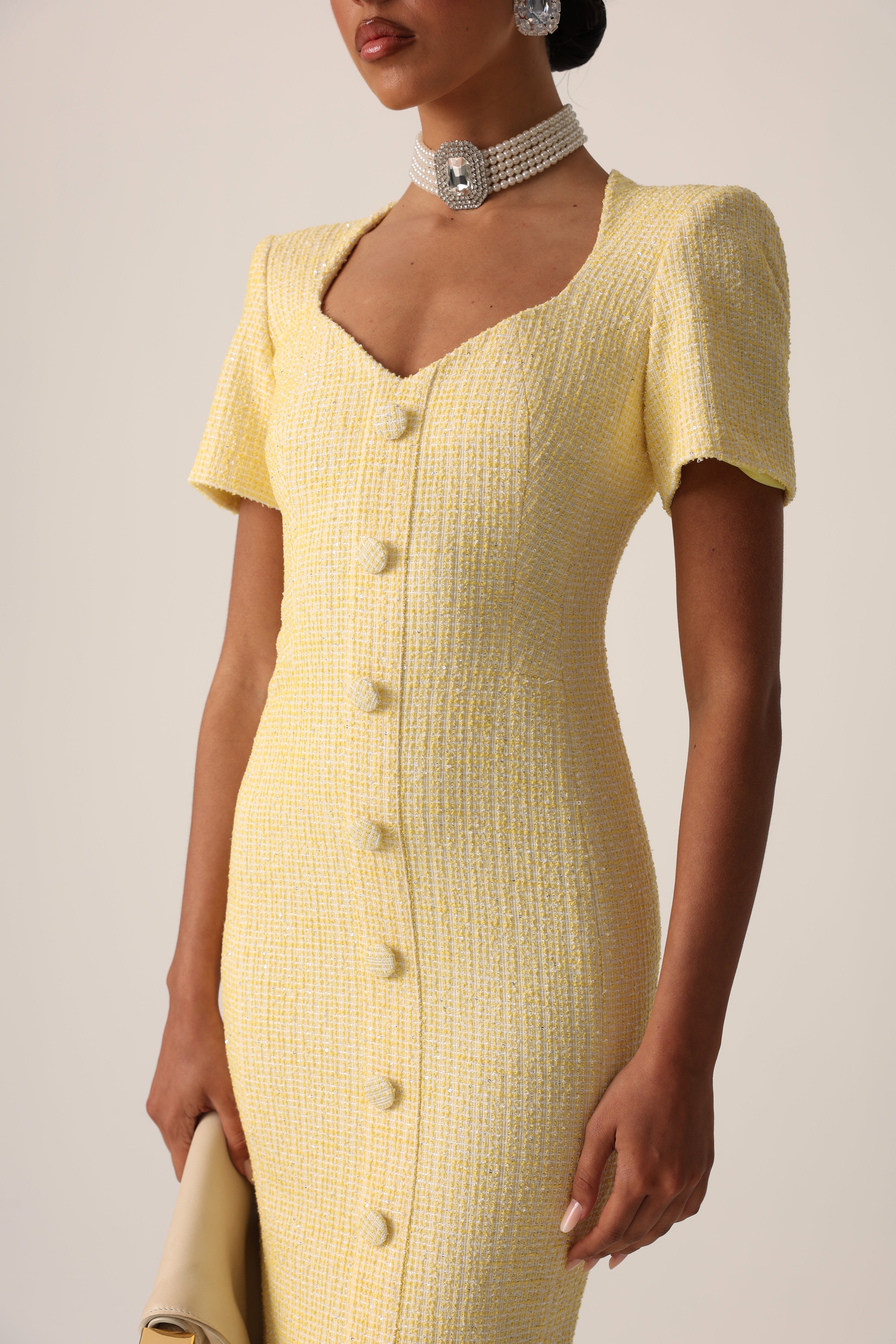 VESTITO TWEED BETHANY GIALLO PAGLIERINO BY MARZIA MANGO